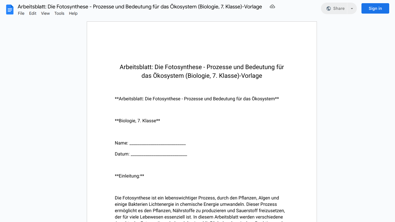 Arbeitsblatt: Die Fotosynthese - Prozesse und Bedeutung für das Ökosystem (Biologie, 7. Klasse)-Vorlage