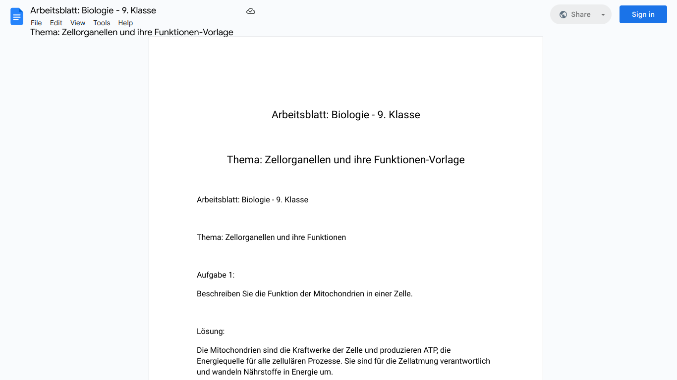 Arbeitsblatt: Biologie - 9. Klasse

Thema: Zellorganellen und ihre Funktionen-Vorlage