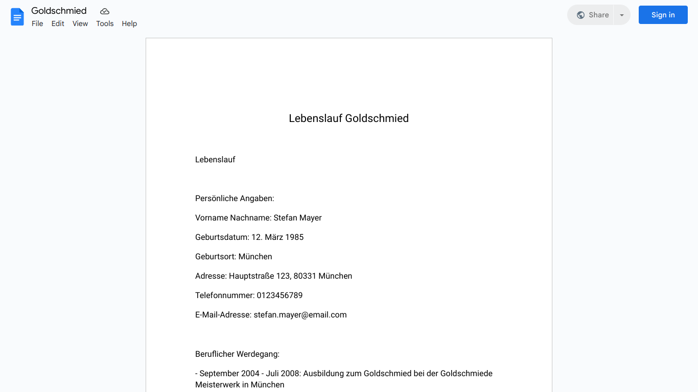 Lebenslauf-Goldschmied