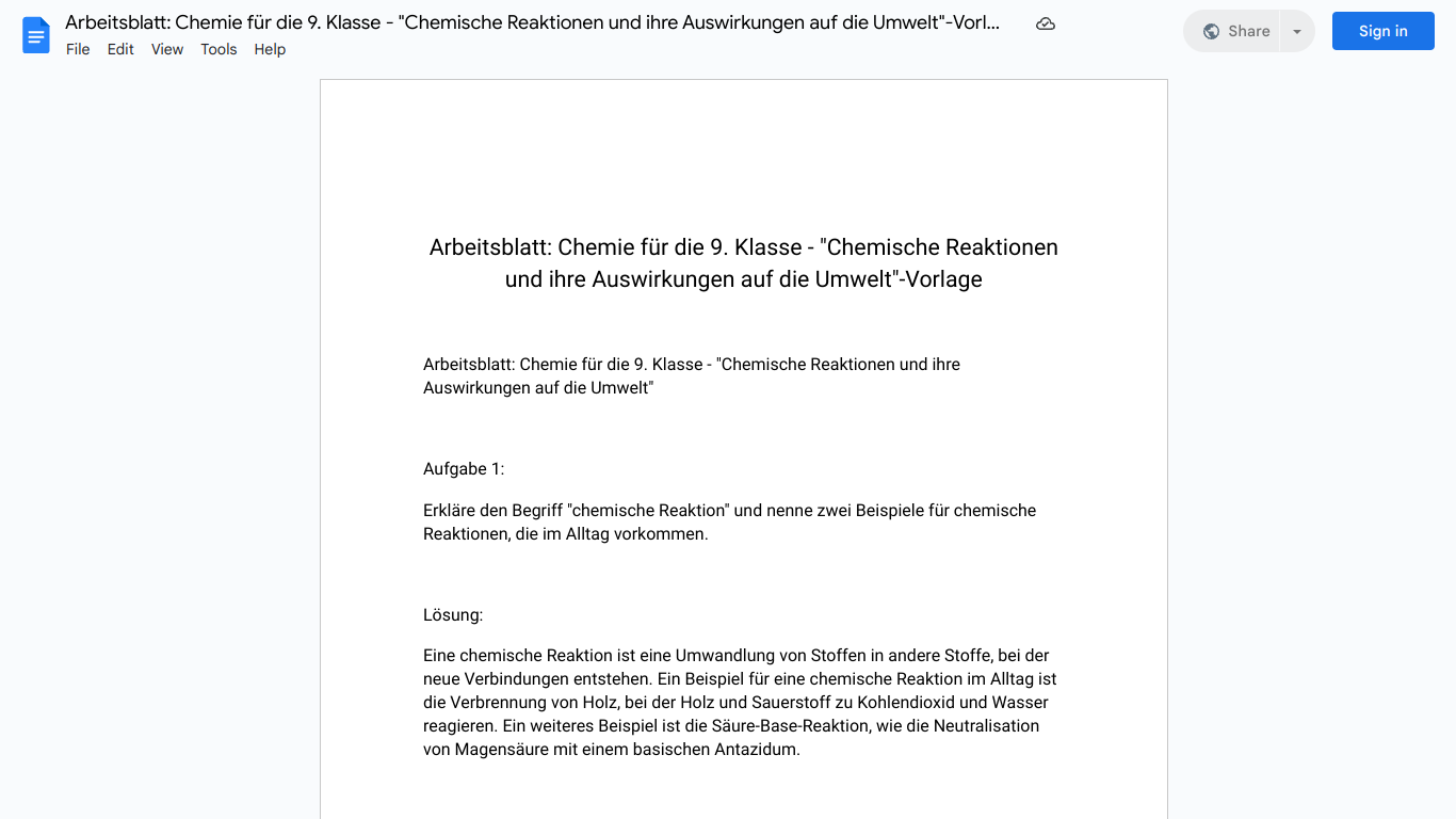 Arbeitsblatt: Chemie für die 9. Klasse - "Chemische Reaktionen und ihre Auswirkungen auf die Umwelt"-Vorlage