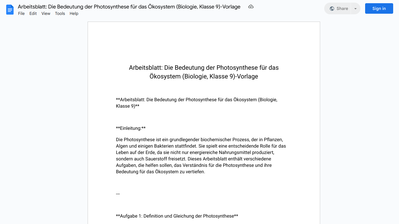 Arbeitsblatt: Die Bedeutung der Photosynthese für das Ökosystem (Biologie, Klasse 9)-Vorlage