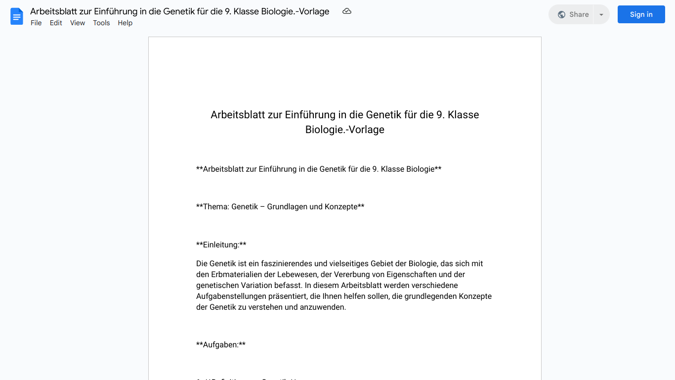 Arbeitsblatt zur Einführung in die Genetik für die 9. Klasse Biologie.-Vorlage