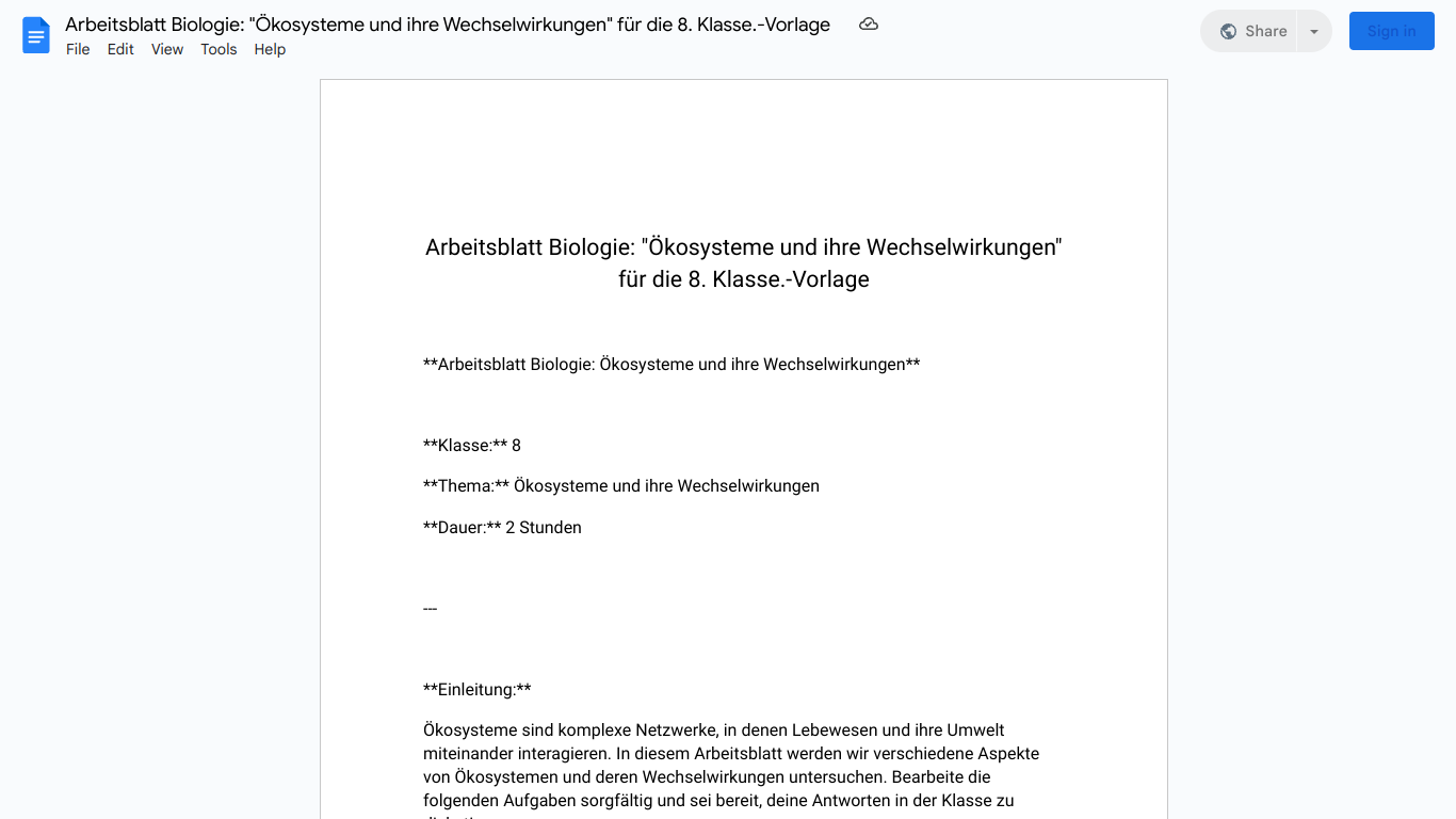 Arbeitsblatt Biologie: "Ökosysteme und ihre Wechselwirkungen" für die 8. Klasse.-Vorlage