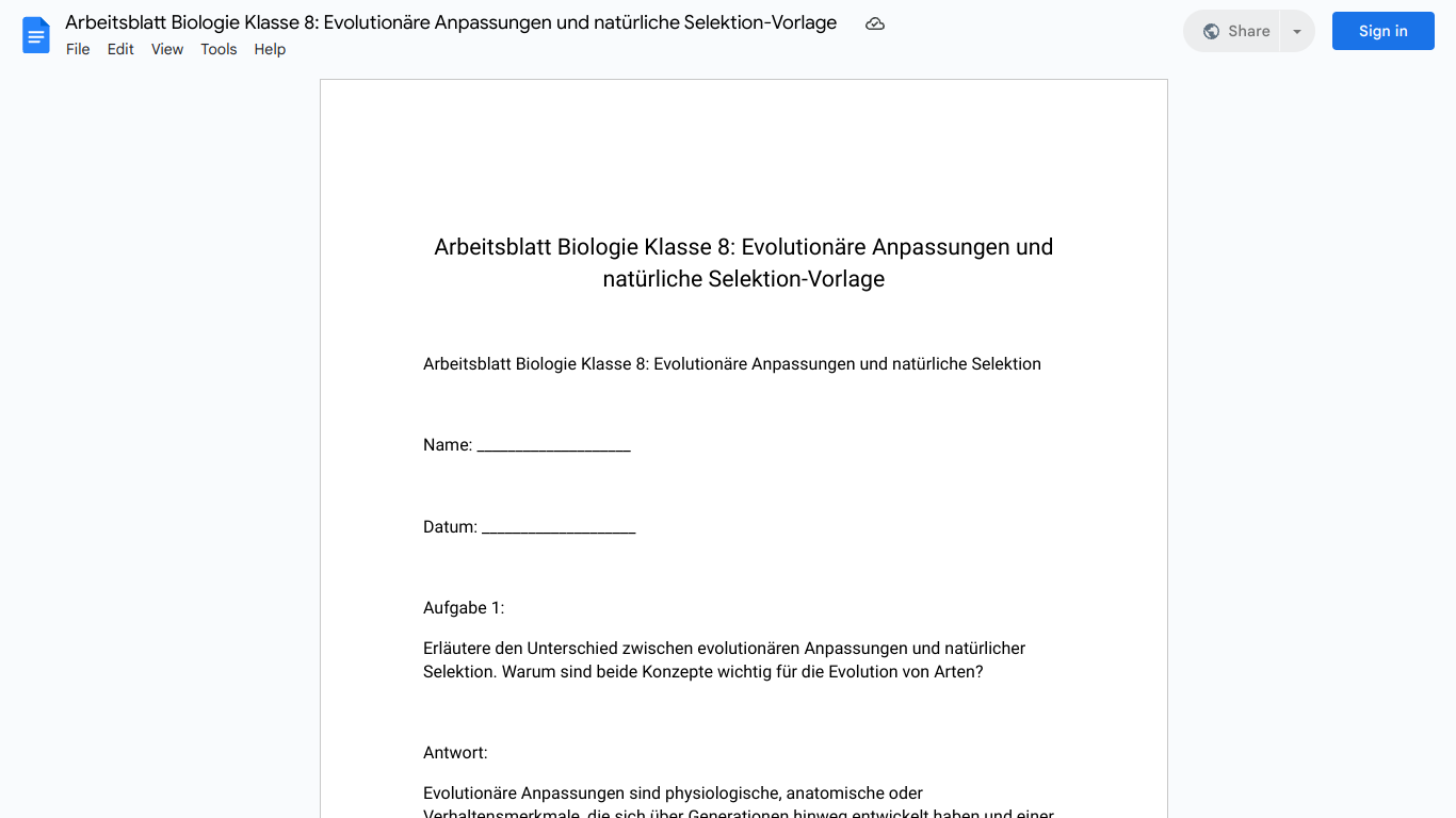 Arbeitsblatt Biologie Klasse 8: Evolutionäre Anpassungen und natürliche Selektion-Vorlage