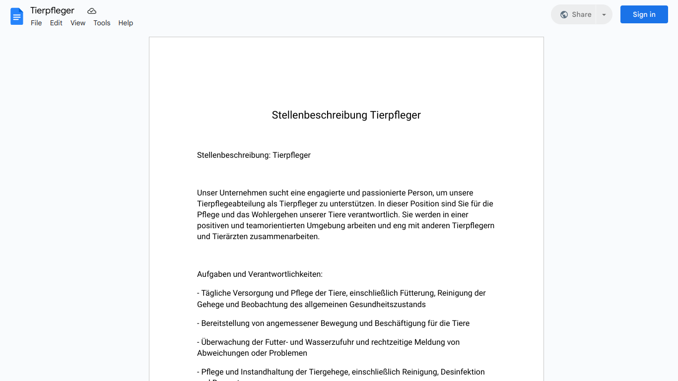 Stellenbeschreibung-Tierpfleger