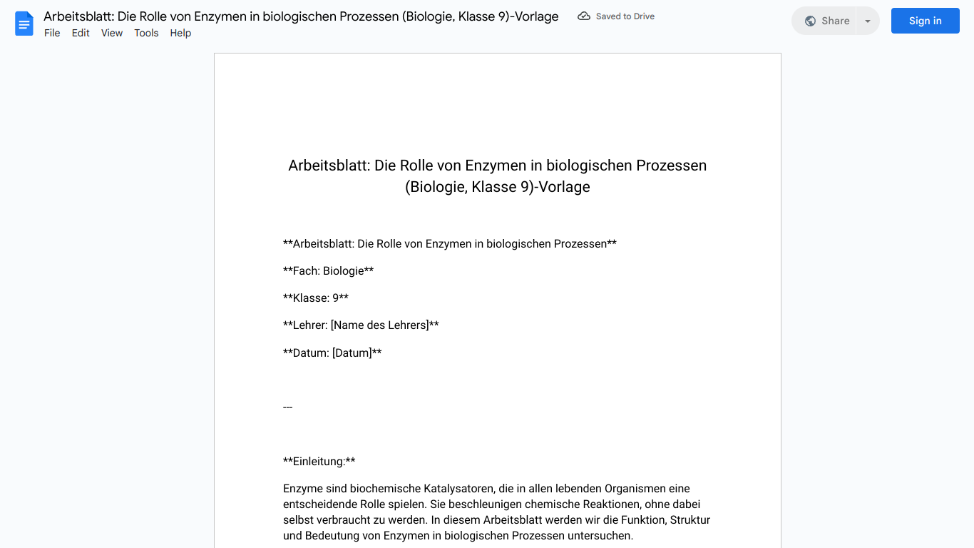 Arbeitsblatt: Die Rolle von Enzymen in biologischen Prozessen (Biologie, Klasse 9)-Vorlage