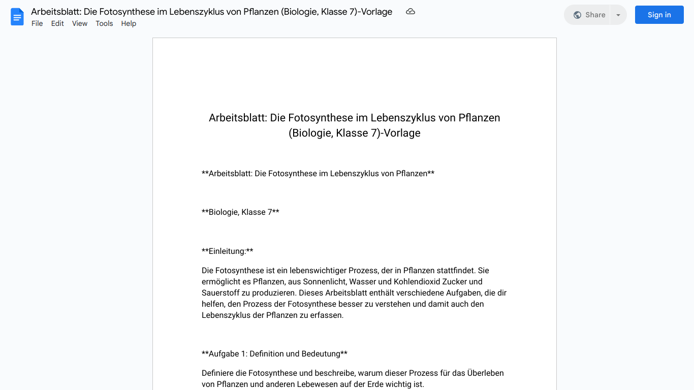 Arbeitsblatt: Die Fotosynthese im Lebenszyklus von Pflanzen (Biologie, Klasse 7)-Vorlage