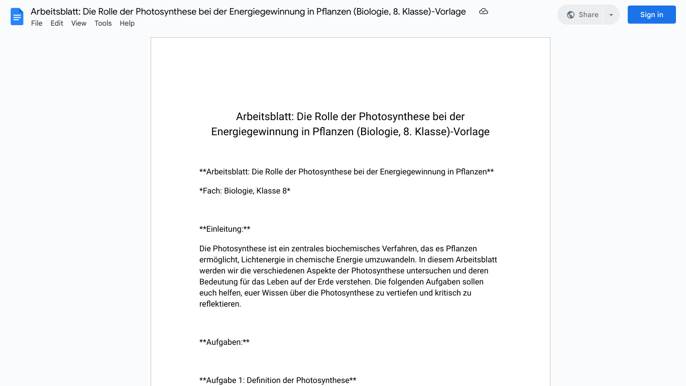 Arbeitsblatt: Die Rolle der Photosynthese bei der Energiegewinnung in Pflanzen (Biologie, 8. Klasse)-Vorlage