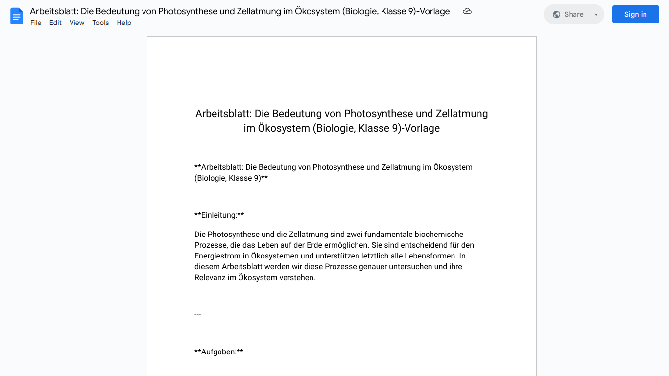 Arbeitsblatt: Die Bedeutung von Photosynthese und Zellatmung im Ökosystem (Biologie, Klasse 9)-Vorlage