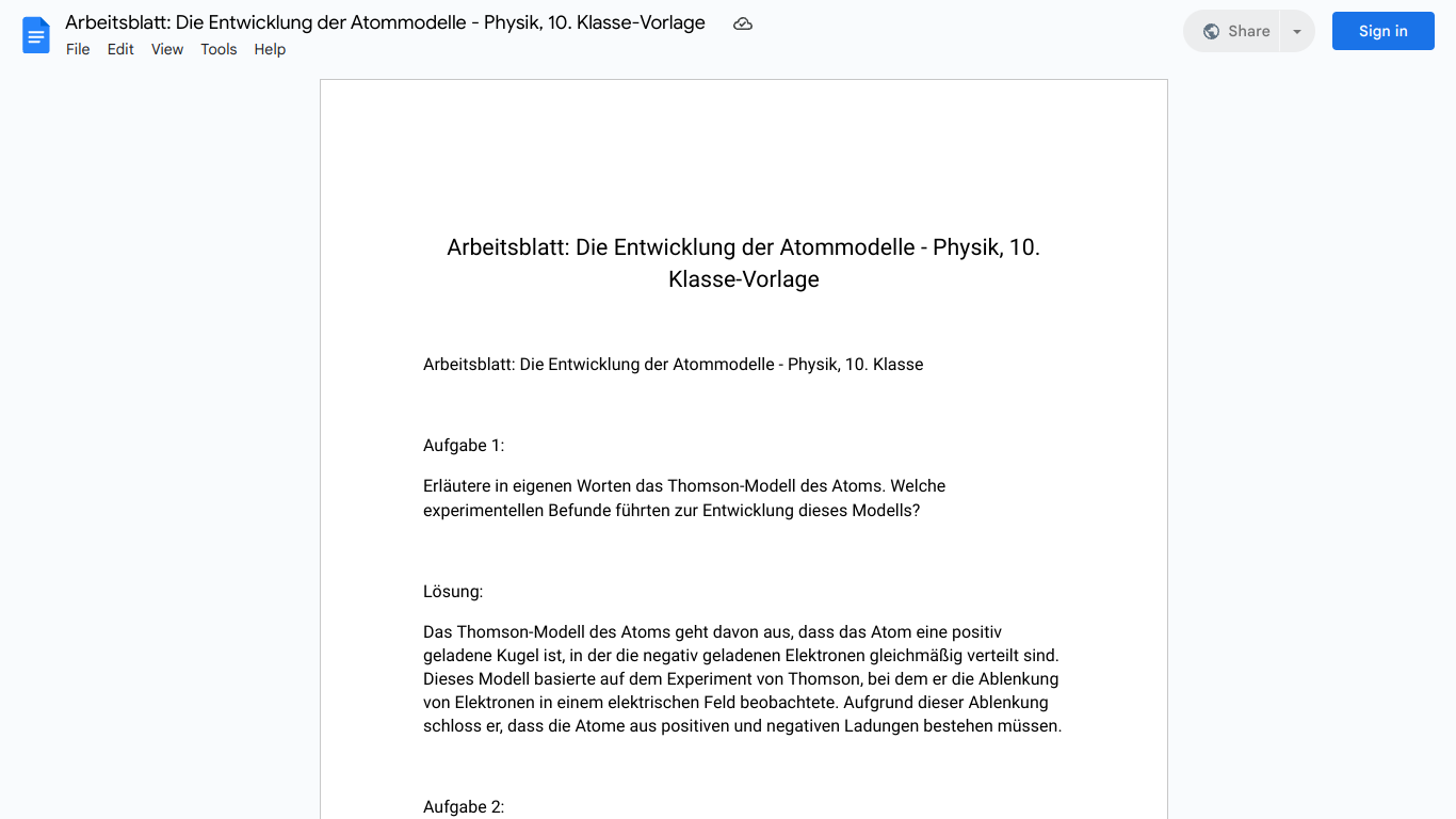 Arbeitsblatt: Die Entwicklung der Atommodelle - Physik, 10. Klasse-Vorlage