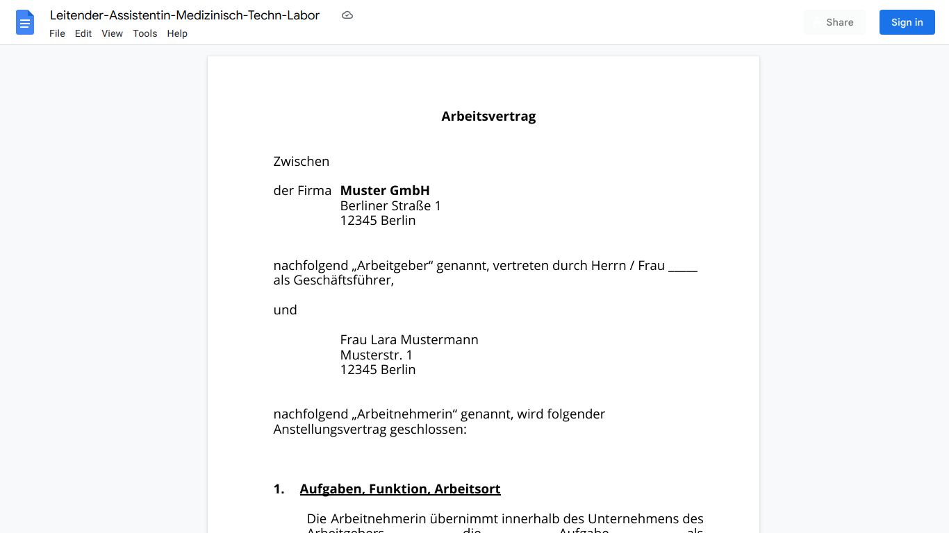 Arbeitsvertrag-Leitender-Assistentin-Medizinisch-Techn-Labor