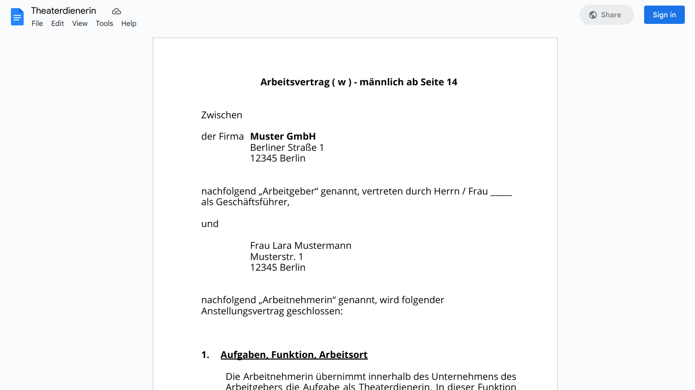 Arbeitsvertrag-Theaterdienerin