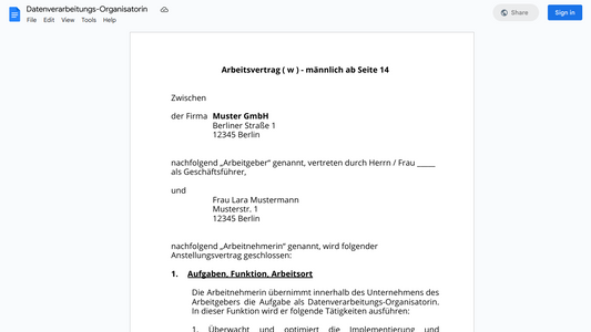 Arbeitsvertrag-Datenverarbeitungs-Organisatorin