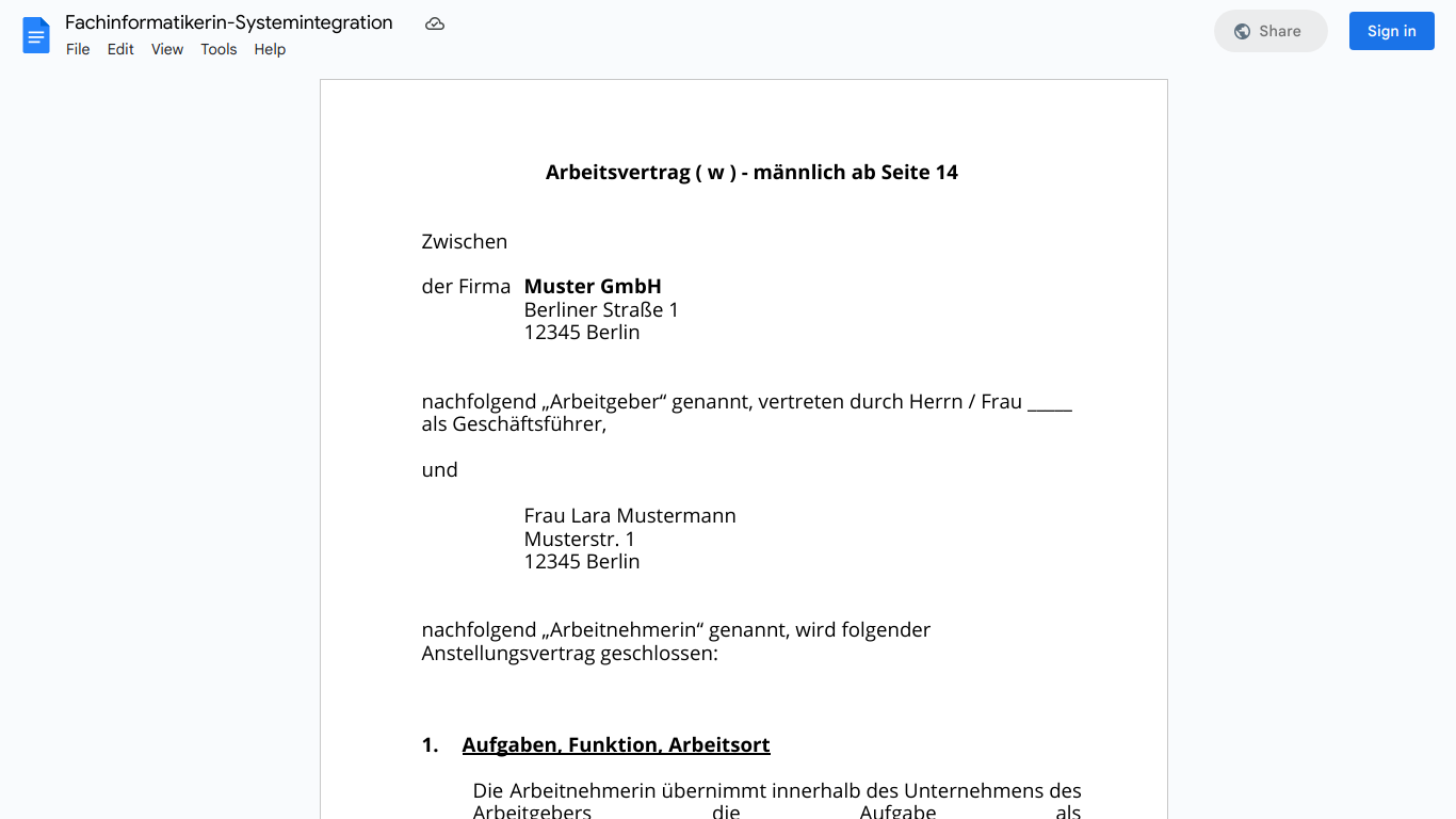 Arbeitsvertrag-Fachinformatikerin-Systemintegration