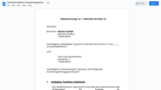 Arbeitsvertrag-Fachinformatikerin-Systemintegration