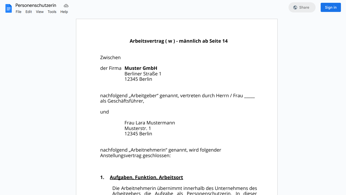 Arbeitsvertrag-Personenschutzerin