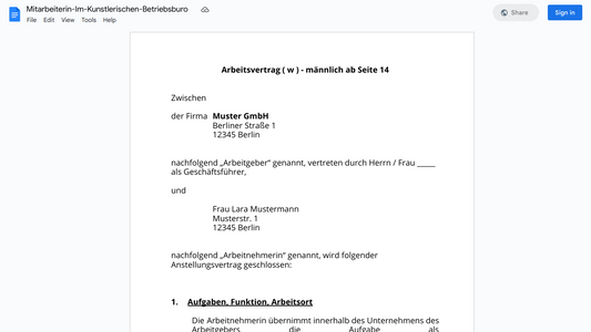 Arbeitsvertrag-Mitarbeiterin-Im-Kunstlerischen-Betriebsburo