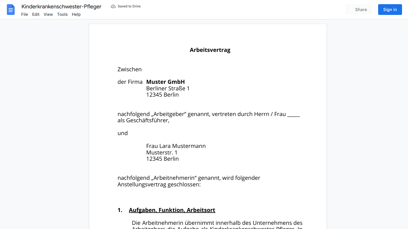 Arbeitsvertrag-Kinderkrankenschwester-Pfleger