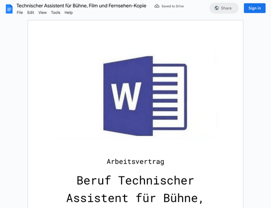 Arbeitsvertrag-Technischer Assistent für Bühne, Film und Fernsehen