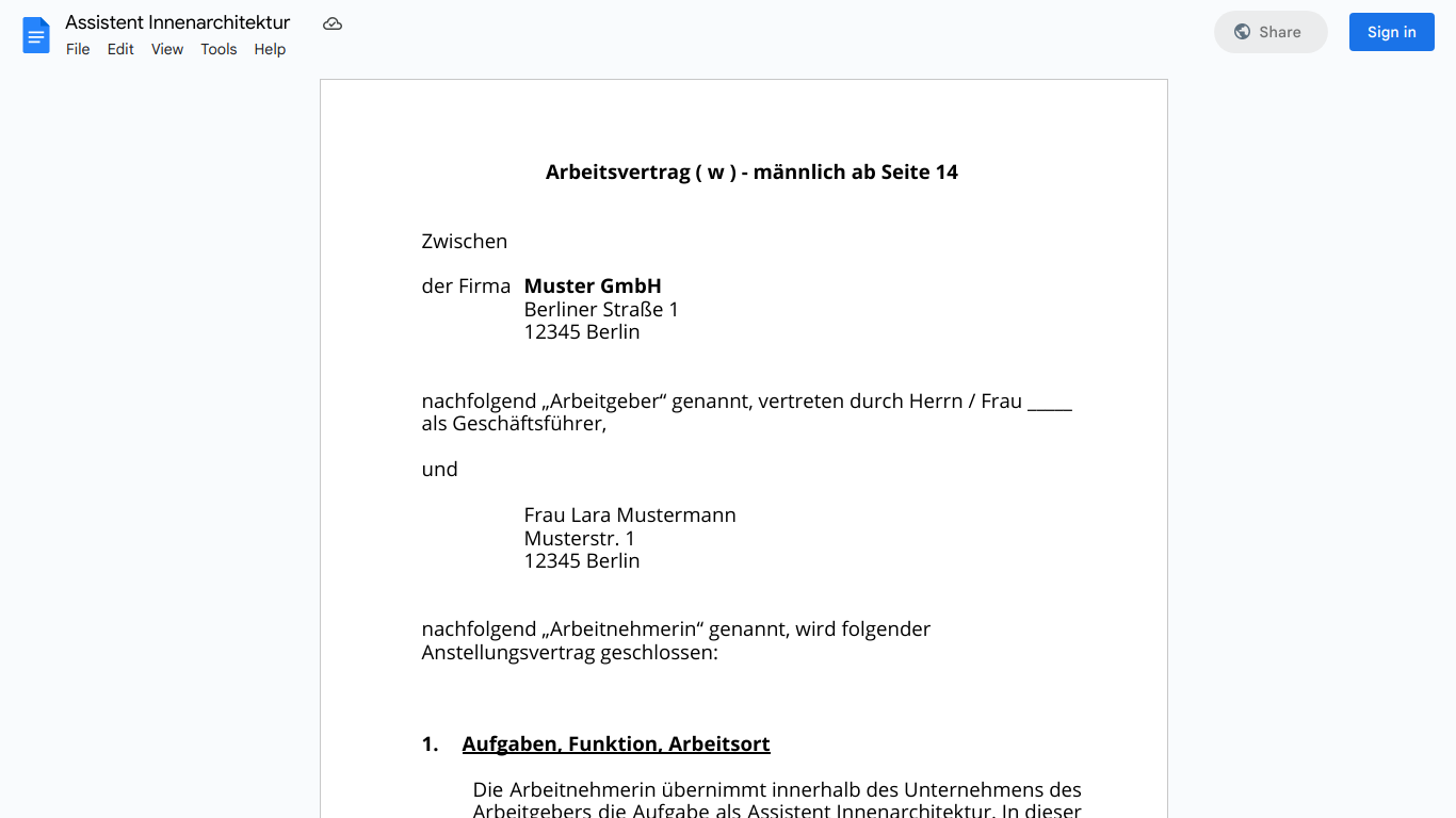 Arbeitsvertrag-Assistent Innenarchitektur