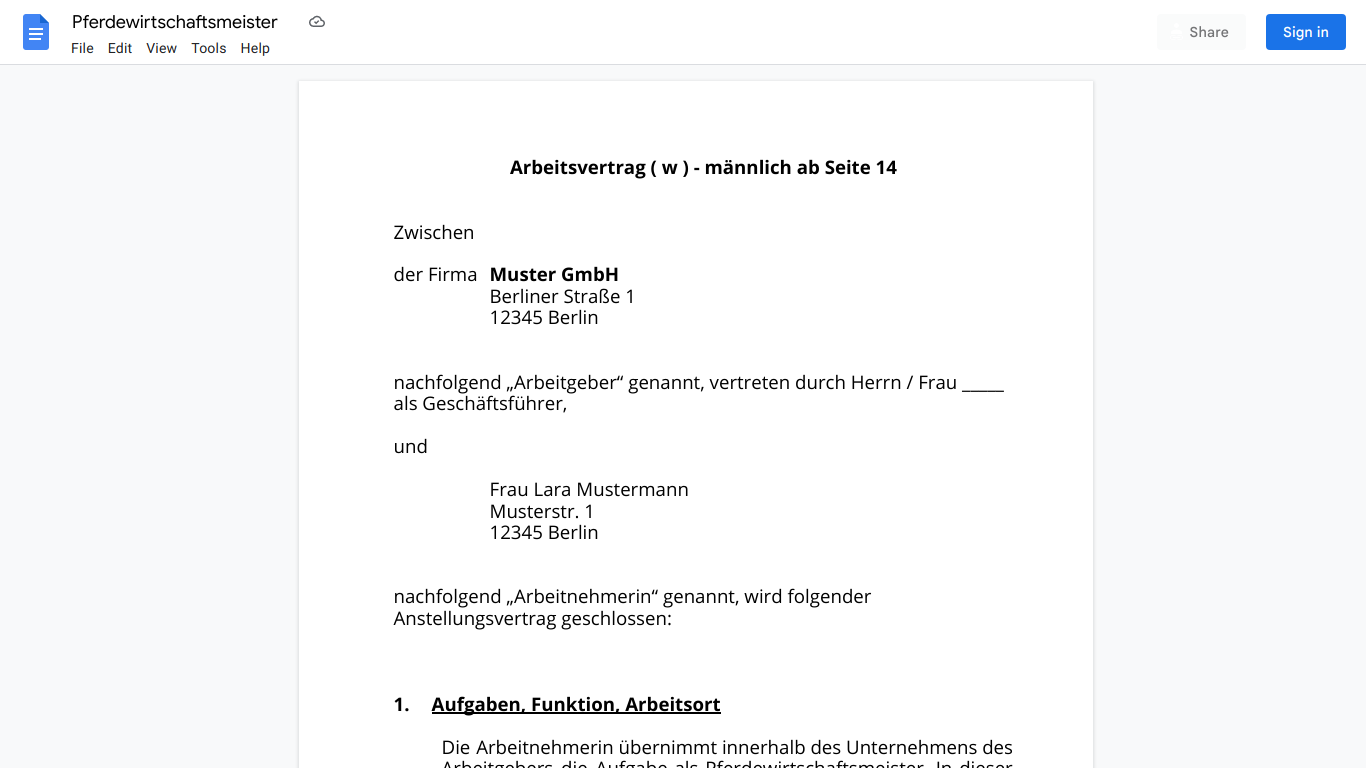 Arbeitsvertrag-Pferdewirtschaftsmeister