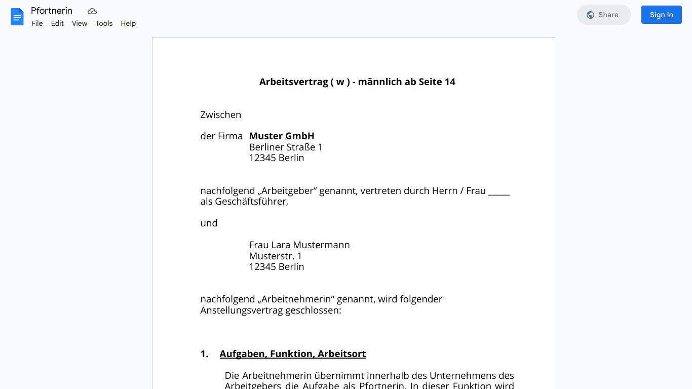 Arbeitsvertrag-Pfortnerin