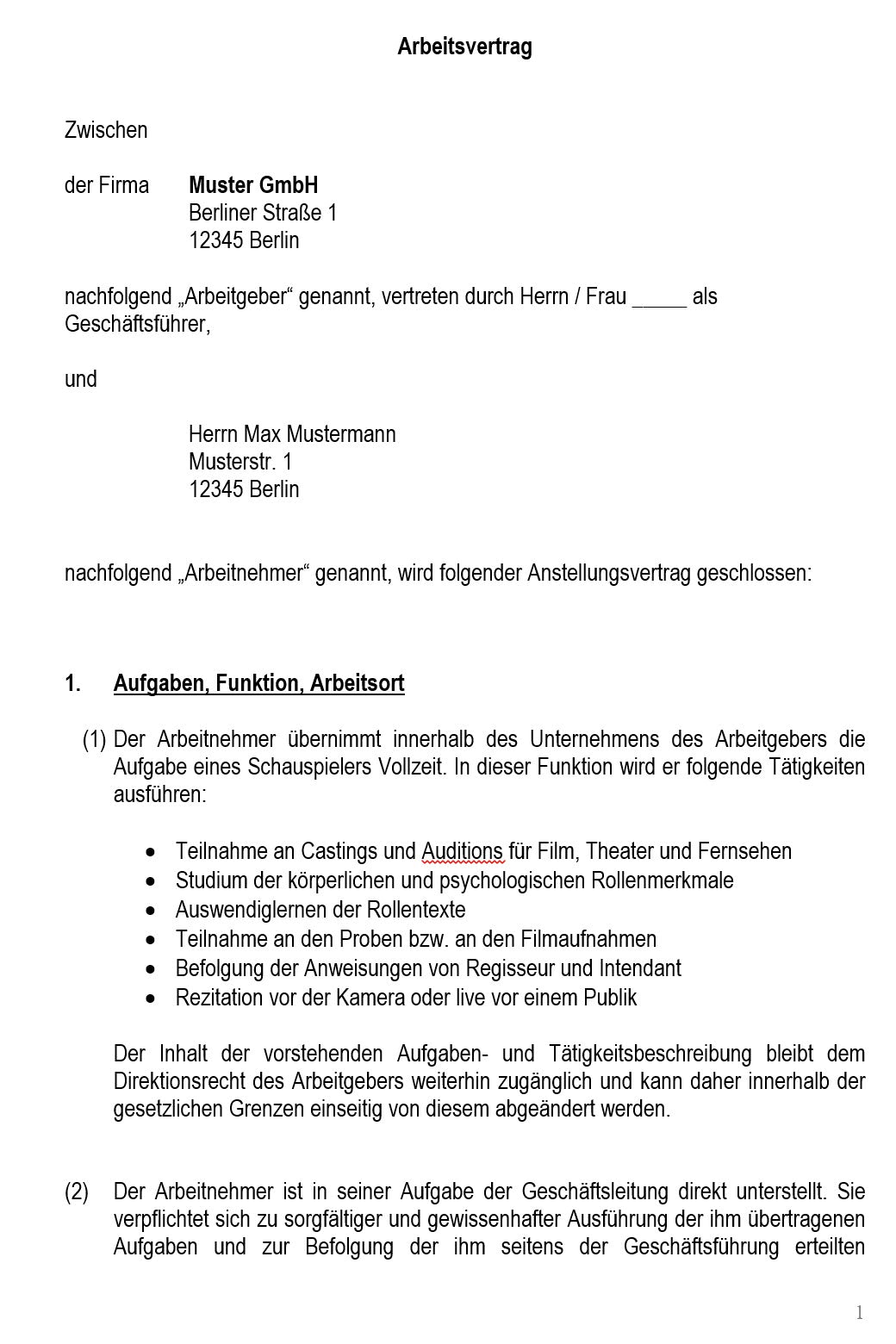 Arbeitsvertrag Schauspieler Vorlage m/w/d - Simply Download