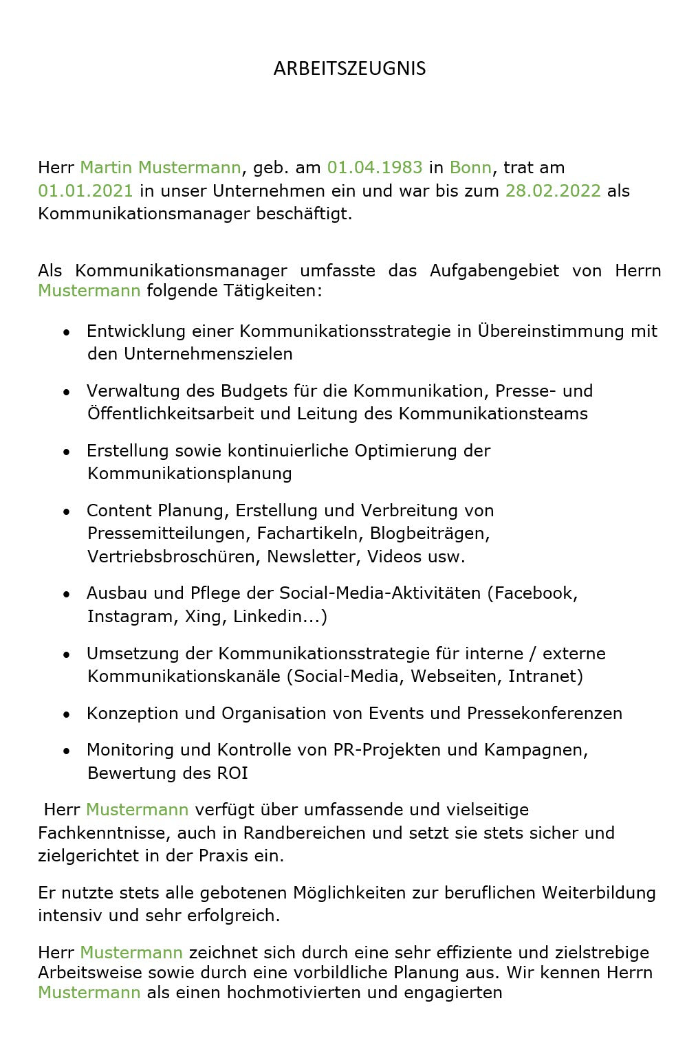 Arbeitszeugnis Kommunikationsmanager Vorlage m/w/d - Simply Download