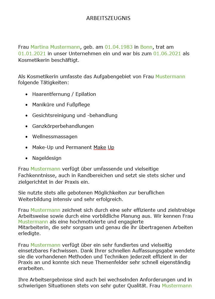 Arbeitszeugnis Kosmetikerin Vorlage m/w/d - Simply Download