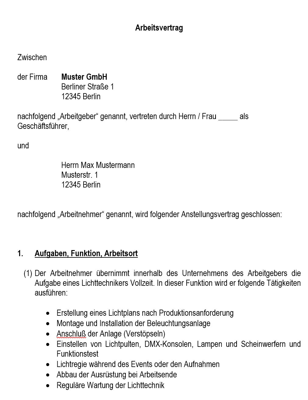 Arbeitsvertrag Lichttechniker Vorlage m/w/d - Simply Download