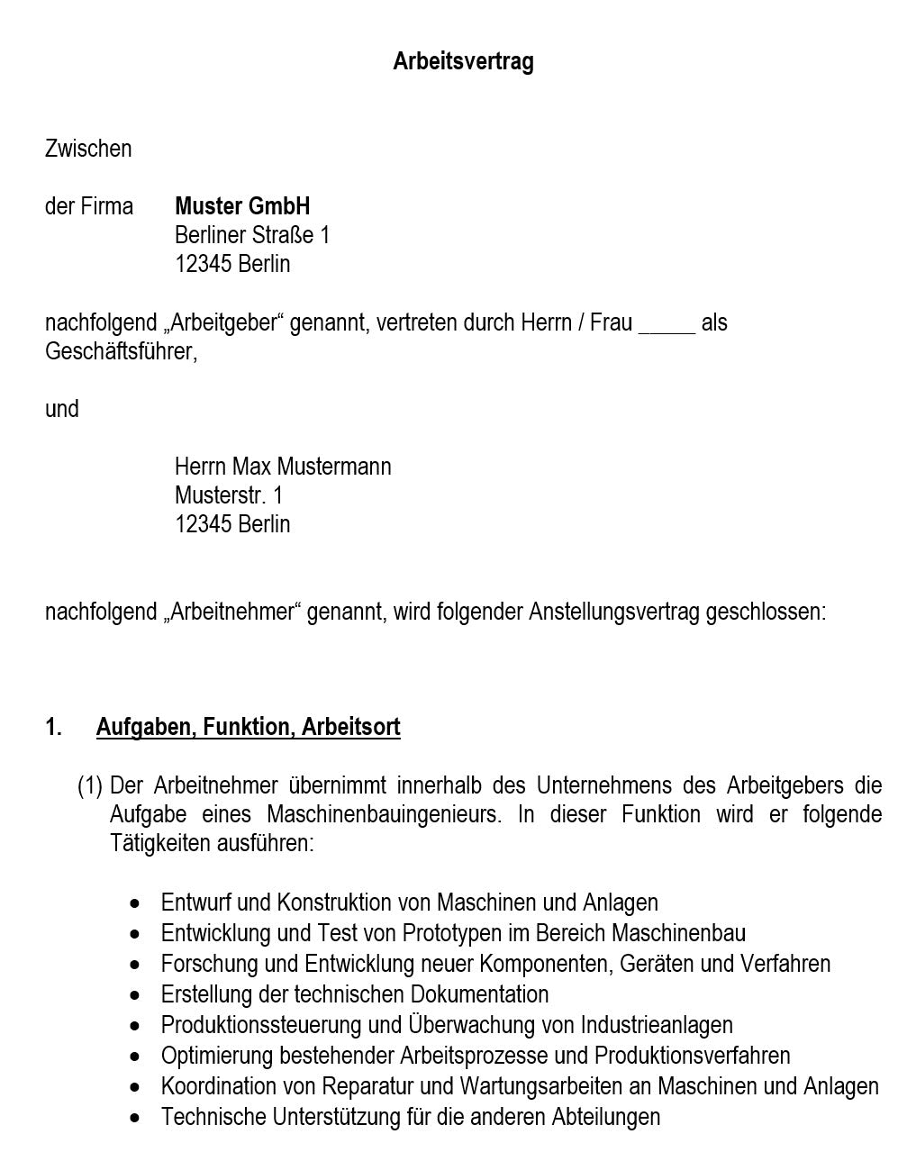 Arbeitsvertrag Maschinenbauingenieur Vorlage m/w/d - Simply Download