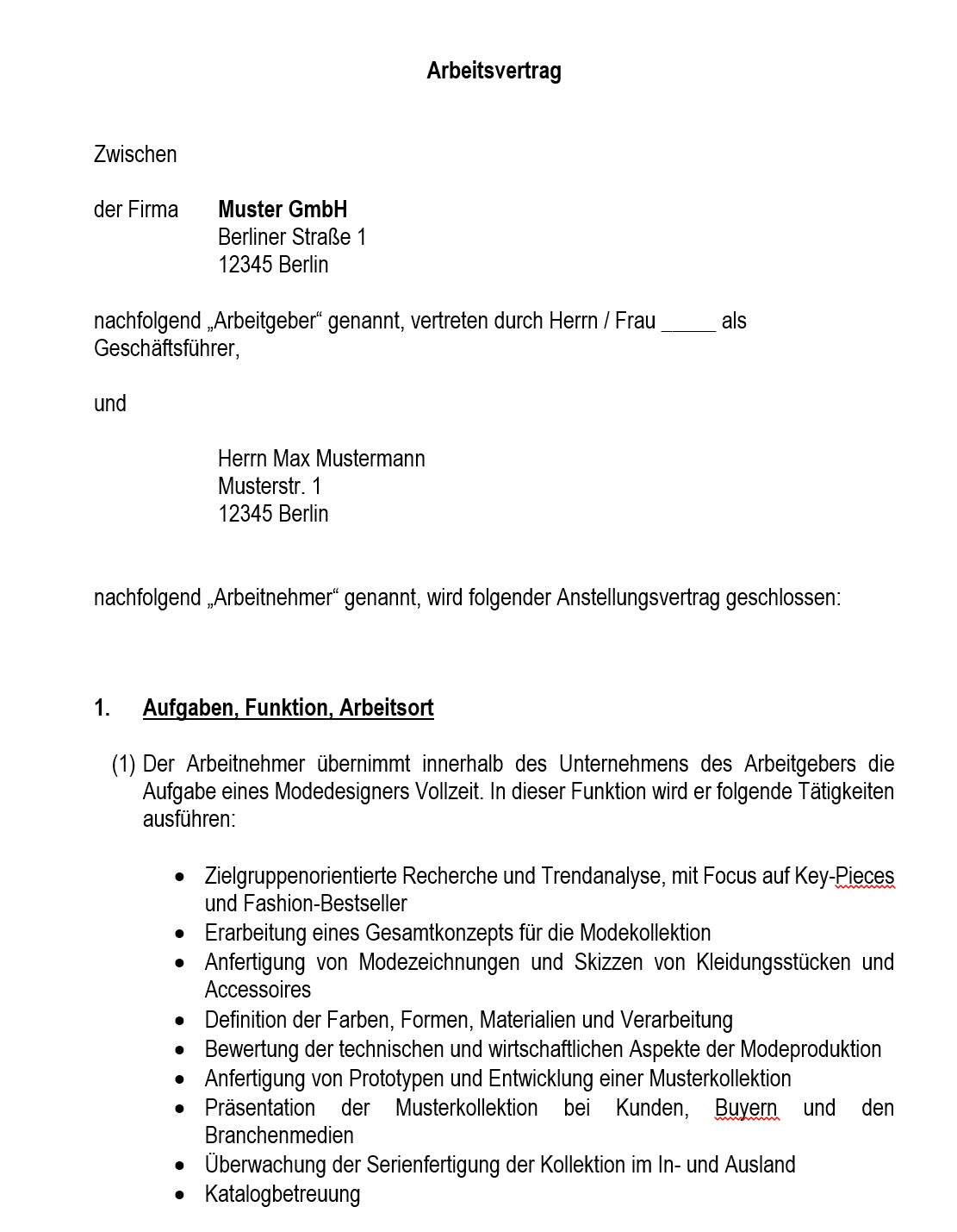 Arbeitsvertrag Modedesigner Vorlage m/w/d - Simply Download