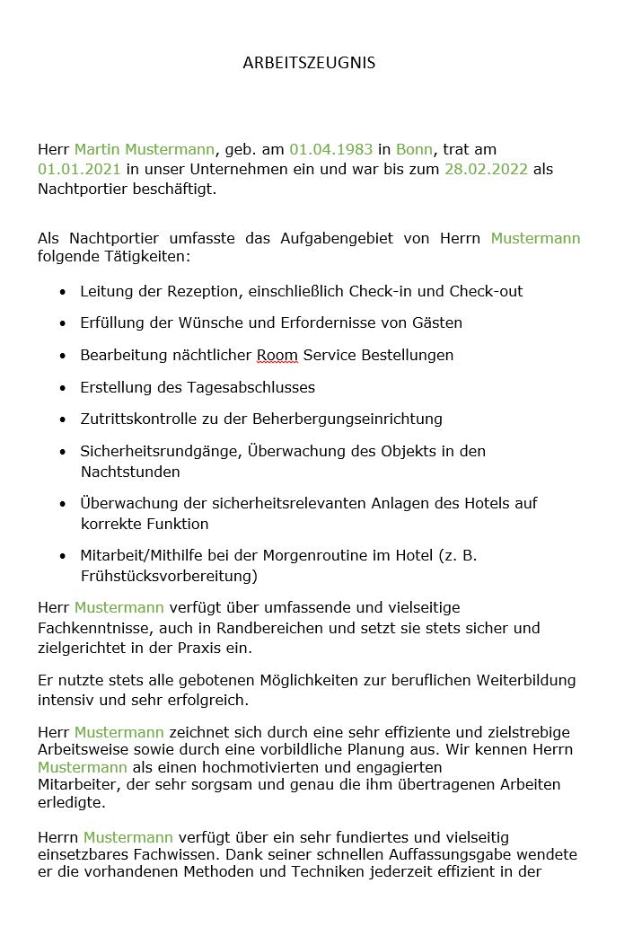 Arbeitszeugnis Nachtportier Vorlage m/w/d - Simply Download