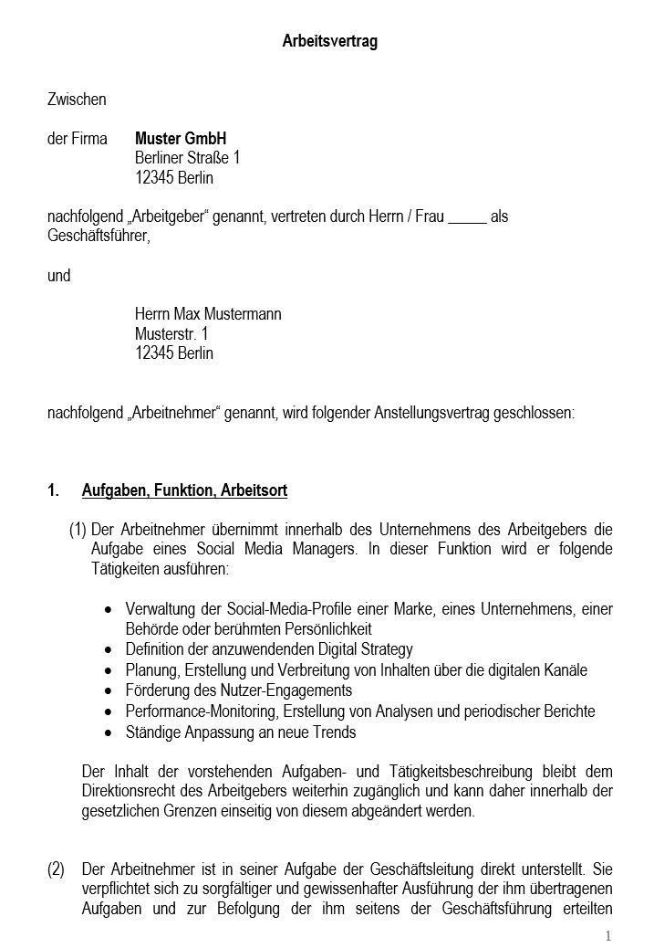 Arbeitsvertrag Social Media Manager Vorlage m/w/d - Simply Download