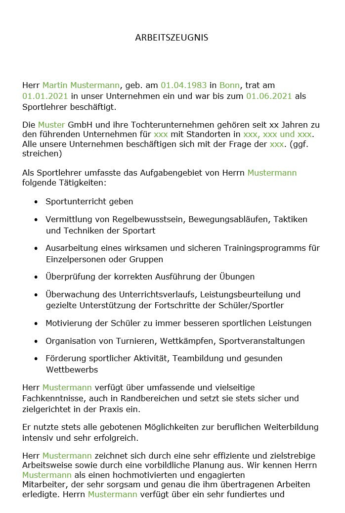 Arbeitszeugnis Sportlehrer Vorlage m/w/d - Simply Download