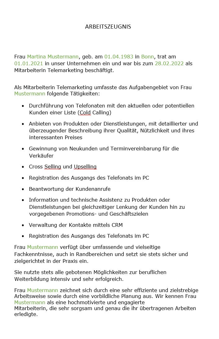 Arbeitszeugnis Mitarbeiter im Telemarketing Vorlage m/w/d - Simply Download