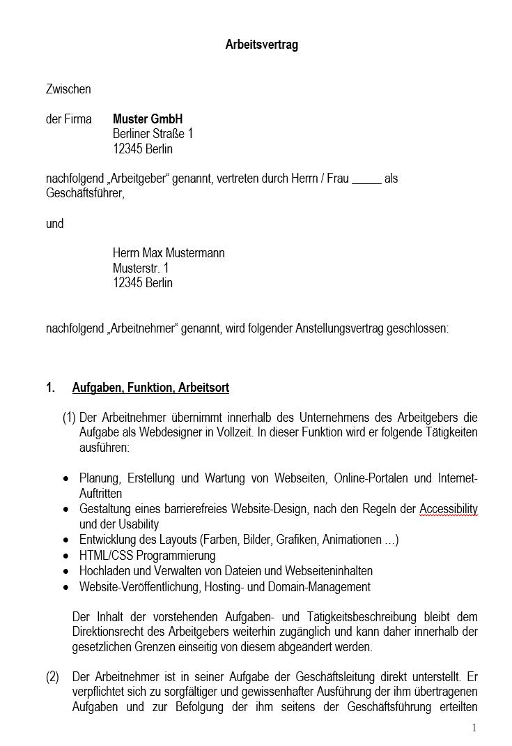 Arbeitsvertrag Webdesigner Vorlage m/w/d - [tags]