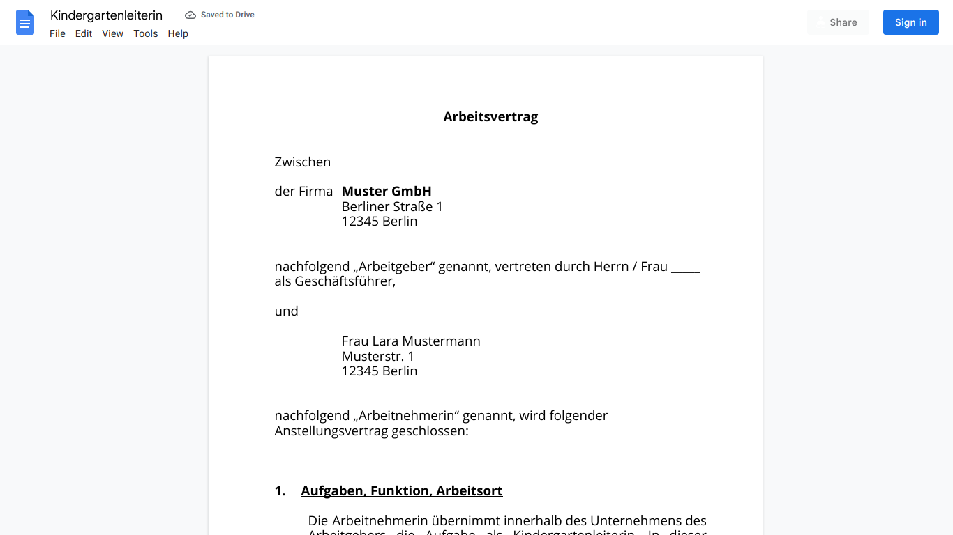 Arbeitsvertrag-Kindergartenleiterin