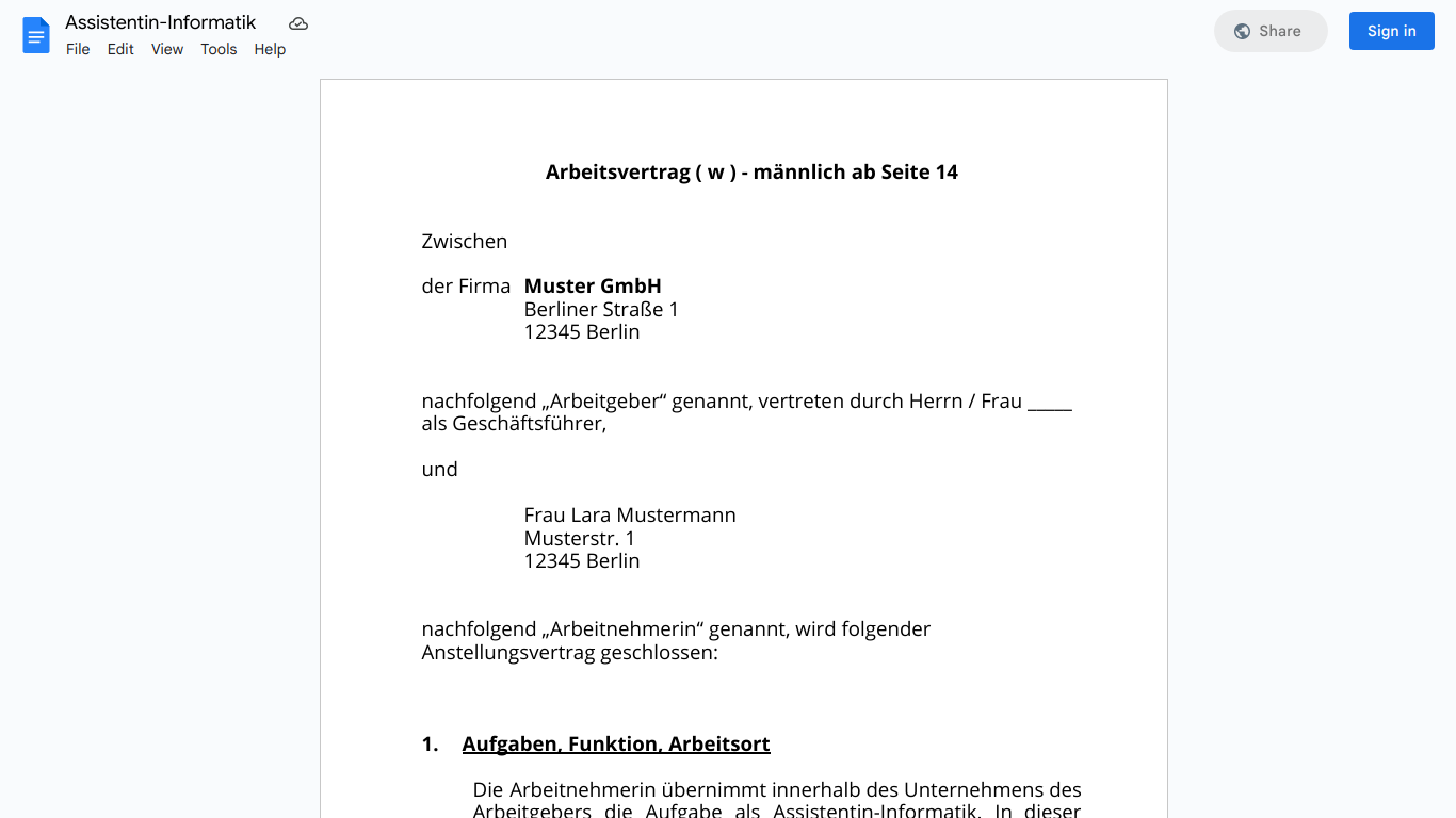 Arbeitsvertrag-Assistentin-Informatik