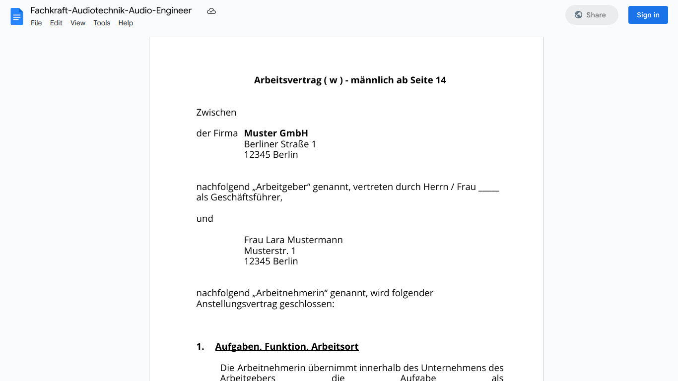 Arbeitsvertrag-Fachkraft-Audiotechnik-Audio-Engineer