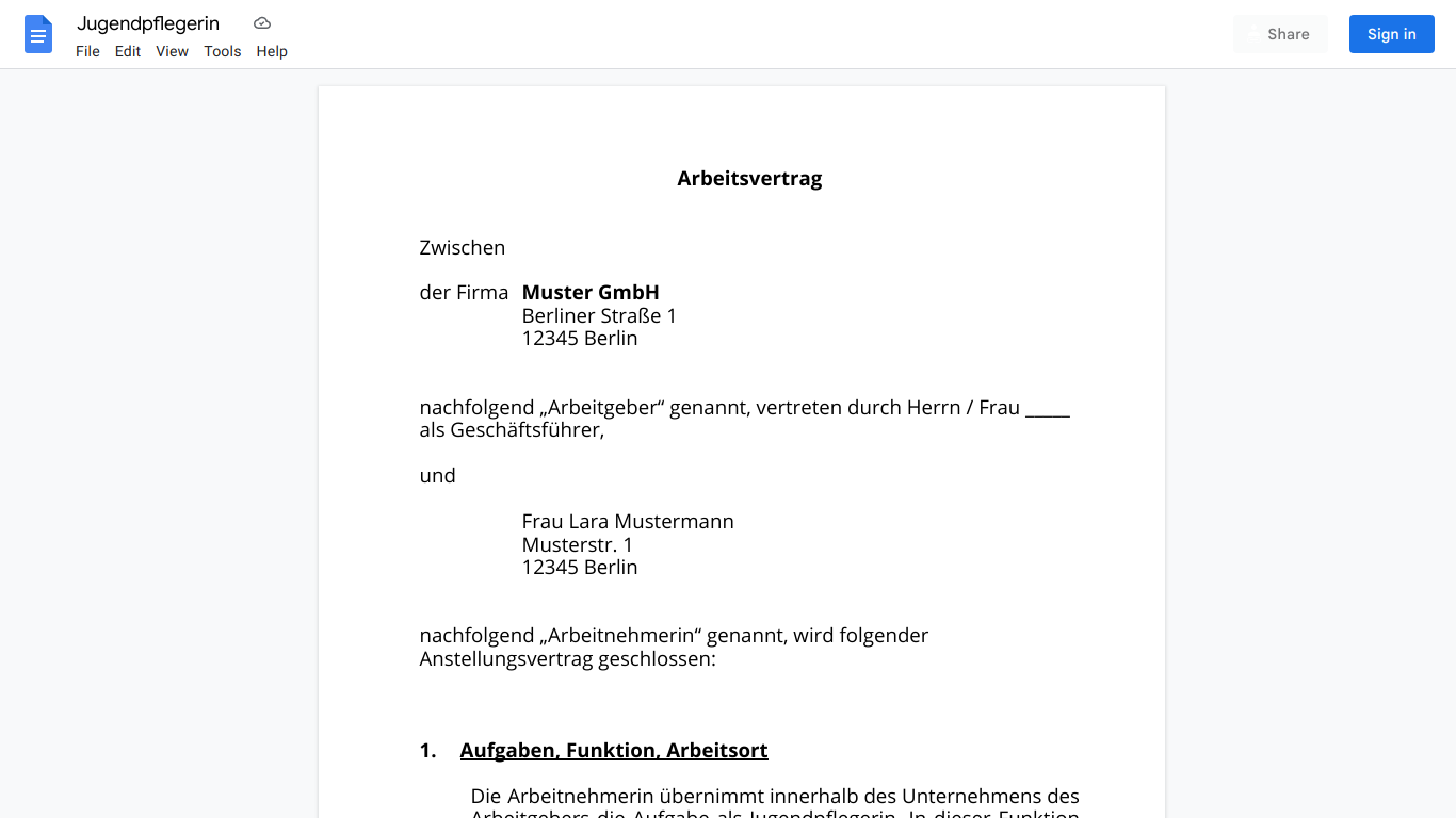 Arbeitsvertrag-Jugendpflegerin